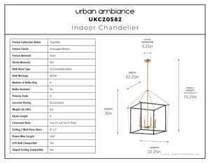 Urban Ambiance - Chandelier - UKC20582 Transitional Indoor Chandelier, 30''H x 22.25''W x 22.25''Dep, Champagne Bronze Finish, Thornfield Collection -