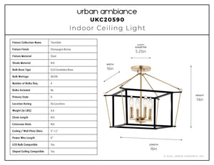 Urban Ambiance - Ceiling Light - UKC20590 Transitional Indoor Ceiling Light, 14''H x 16''W x 16''Dep, Champagne Bronze Finish, Thornfield Collection -