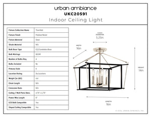 Urban Ambiance - Ceiling Light - UKC20591 Transitional Indoor Ceiling Light, 14''H x 16''W x 16''Dep, Polished Nickel Finish, Thornfield Collection -
