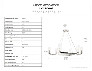 Urban Ambiance - Chandelier - UKC20602 Luxe Industrial Indoor Chandelier, 8.5''H x 37.75''W x 37.75''Dep, Polished Nickel Finish, Yorkdale Collection -