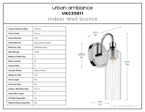 Urban Ambiance - Wall Sconce - UKC20611 Mid-Century Modern Indoor Wall Sconce, 13''H x 5''W x 6''Dep, Chrome Finish, Carroway Collection -