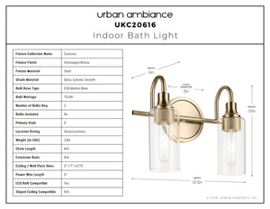 Urban Ambiance - Bath Light - UKC20616 Mid-Century Modern Indoor Bath Light, 10''H x 12.5''W x 6''Dep, Champagne Bronze Finish, Carroway Collection -