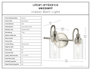Urban Ambiance - Bath Light - UKC20617 Mid-Century Modern Indoor Bath Light, 10''H x 12.5''W x 6''Dep, Brushed Nickel Finish, Carroway Collection -