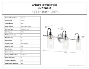 Urban Ambiance - Bath Light - UKC20619 Mid-Century Modern Indoor Bath Light, 10''H x 23''W x 6''Dep, Chrome Finish, Carroway Collection -