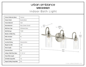 Urban Ambiance - Bath Light - UKC20621 Mid-Century Modern Indoor Bath Light, 10''H x 23''W x 6''Dep, Brushed Nickel Finish, Carroway Collection -