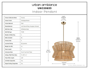 Urban Ambiance - Pendant - UKC20633 Bohemian Indoor Pendant, 16.75''H x 22''W x 22''Dep, Champagne Bronze Finish, Fenwick Collection -