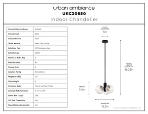Urban Ambiance - Chandelier - UKC20650 Mid-Century Modern Indoor Chandelier, 9.5''H x 16.5''W x 16.5''Dep, Black Finish, Hartwell Collection -