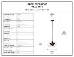 Urban Ambiance - Chandelier - UKC20651 Mid-Century Modern Indoor Chandelier, 9.5''H x 16.5''W x 16.5''Dep, Black Finish, Hartwell Collection -