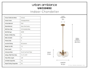 Urban Ambiance - Chandelier - UKC20652 Mid-Century Modern Indoor Chandelier, 9.5''H x 16.5''W x 16.5''Dep, Champagne Bronze Finish, Hartwell Collection -