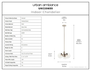 Urban Ambiance - Chandelier - UKC20655 Mid-Century Modern Indoor Chandelier, 9.5''H x 16.5''W x 16.5''Dep, Polished Nickel Finish, Hartwell Collection -