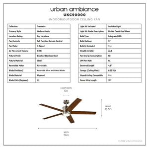 Urban Ambiance - Ceiling Fan - UKC90000 Modern Rustic Indoor Ceiling Fan, 15.5''H x 56''W x 56''Dep, Brushed Stainless Steel Finish, Tressaire Collection - 