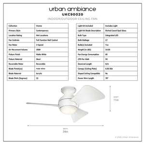 Urban Ambiance - Ceiling Fan - UKC90020 Contemporary Indoor / Outdoor Ceiling Fan, 11''H x 34''W x 34''Dep, Matte White Finish, Vionne Collection - 