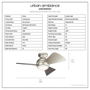 Urban Ambiance - Ceiling Fan - UKC90021 Contemporary Indoor / Outdoor Ceiling Fan, 11''H x 34''W x 34''Dep, Brushed Nickel Finish, Vionne Collection - 