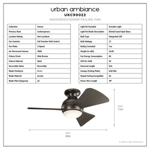 Urban Ambiance - Ceiling Fan - UKC90022 Contemporary Indoor / Outdoor Ceiling Fan, 11''H x 34''W x 34''Dep, Olde Bronze Finish, Vionne Collection - 