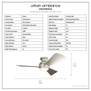 Urban Ambiance - Ceiling Fan - UKC90024 Contemporary Indoor / Outdoor Ceiling Fan, 11''H x 44''W x 44''Dep, Brushed Nickel Finish, Vionne Collection - 