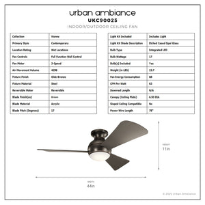Urban Ambiance - Ceiling Fan - UKC90025 Contemporary Indoor / Outdoor Ceiling Fan, 11''H x 44''W x 44''Dep, Olde Bronze Finish, Vionne Collection - 