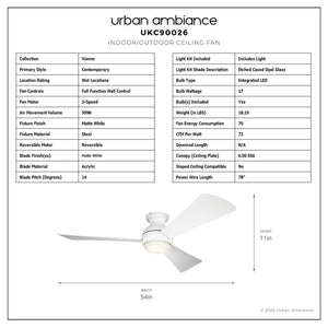 Urban Ambiance - Ceiling Fan - UKC90026 Contemporary Indoor / Outdoor Ceiling Fan, 11''H x 54''W x 54''Dep, Matte White Finish, Vionne Collection - 