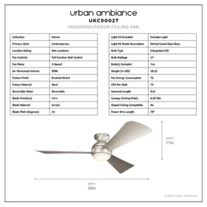 Urban Ambiance - Ceiling Fan - UKC90027 Contemporary Indoor / Outdoor Ceiling Fan, 11''H x 54''W x 54''Dep, Brushed Nickel Finish, Vionne Collection - 