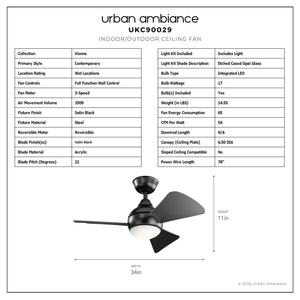 Urban Ambiance - Ceiling Fan - UKC90029 Contemporary Indoor / Outdoor Ceiling Fan, 11''H x 34''W x 34''Dep, Satin Black Finish, Vionne Collection - 
