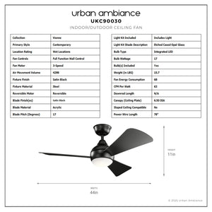 Urban Ambiance - Ceiling Fan - UKC90030 Contemporary Indoor / Outdoor Ceiling Fan, 11''H x 44''W x 44''Dep, Satin Black Finish, Vionne Collection - 