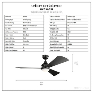 Urban Ambiance - Ceiling Fan - UKC90031 Contemporary Indoor / Outdoor Ceiling Fan, 11''H x 54''W x 54''Dep, Satin Black Finish, Vionne Collection - 