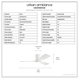 Urban Ambiance - Ceiling Fan - UKC90040 Contemporary Indoor Ceiling Fan, 10.5''H x 48''W x 48''Dep, Matte White Finish, Isalyn Collection - 