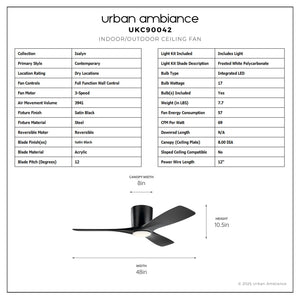 Urban Ambiance - Ceiling Fan - UKC90042 Contemporary Indoor Ceiling Fan, 10.5''H x 48''W x 48''Dep, Satin Black Finish, Isalyn Collection - 