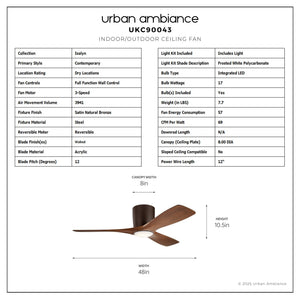 Urban Ambiance - Ceiling Fan - UKC90043 Contemporary Indoor Ceiling Fan, 10.5''H x 48''W x 48''Dep, Satin Natural Bronze Finish, Isalyn Collection - 