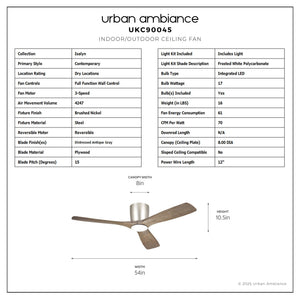 Urban Ambiance - Ceiling Fan - UKC90045 Contemporary Indoor Ceiling Fan, 10.5''H x 54''W x 54''Dep, Brushed Nickel Finish, Isalyn Collection - 