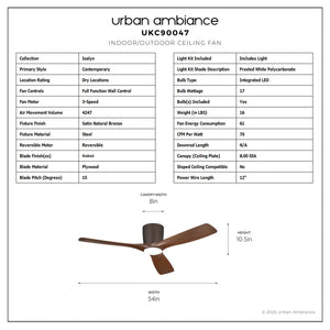 Urban Ambiance - Ceiling Fan - UKC90047 Contemporary Indoor Ceiling Fan, 10.5''H x 54''W x 54''Dep, Satin Natural Bronze Finish, Isalyn Collection - 