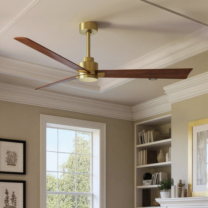 UMC9025 Contemporary Indoor/Outdoor Ceiling Fan, 8" (Plus Downrod) H x 56" W x 56" D, Brushed Brass Finish, Drifthelm Collection