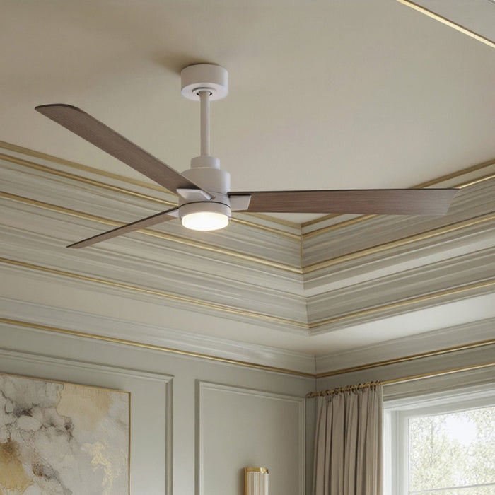 UMC9057 Minimalist Indoor/Outdoor Ceiling Fan, 8" (Plus Downrod) H x 56" W x 56" D, Matte White Finish, Drifthelm Collection
