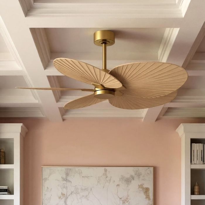 UMC9075 Natural Indoor/Outdoor Ceiling Fan, 8" (Plus Downrod) H x 48" W x 48" D, Brushed Brass Finish, Pelmere Collection