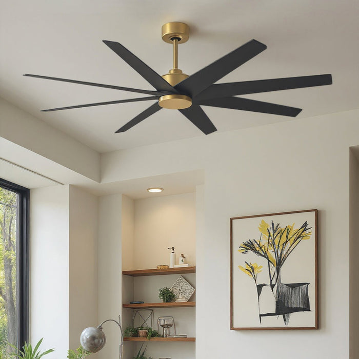 UMC9112 Utilitarian Indoor/Outdoor Ceiling Fan, 8.5" (Plus Downrod) H x 64" W x 64" D, Brushed Brass Finish, Brivelle Collection