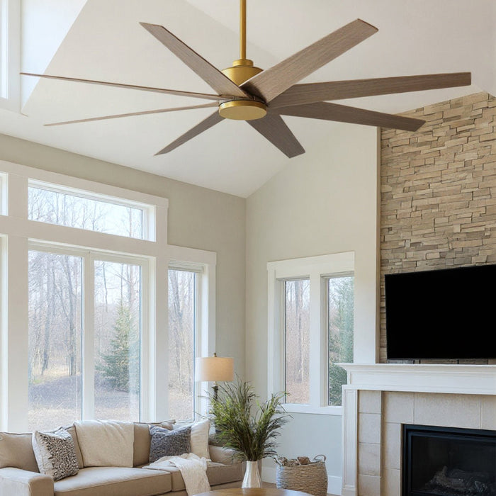 UMC9113 Urban Loft Indoor/Outdoor Ceiling Fan, 8.5" (Plus Downrod) H x 64" W x 64" D, Brushed Brass Finish, Brivelle Collection