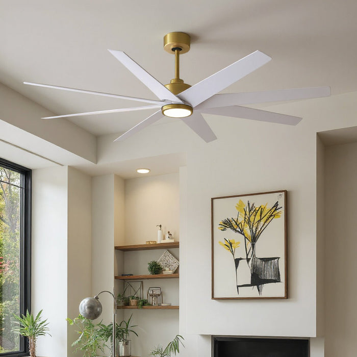 UMC9114 Glam Indoor/Outdoor Ceiling Fan, 8.5" (Plus Downrod) H x 64" W x 64" D, Brushed Brass Finish, Brivelle Collection