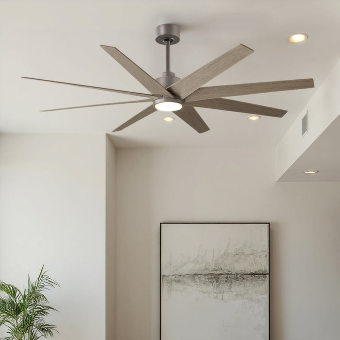 UMC9122 Industrial Indoor/Outdoor Ceiling Fan, 9" (Plus Downrod) H x 64" W x 64" D, Brushed Nickel Finish, Brivelle Collection