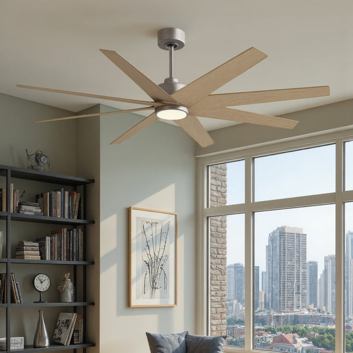 UMC9123 Contemporary Indoor/Outdoor Ceiling Fan, 9" (Plus Downrod) H x 64" W x 64" D, Brushed Nickel Finish, Brivelle Collection