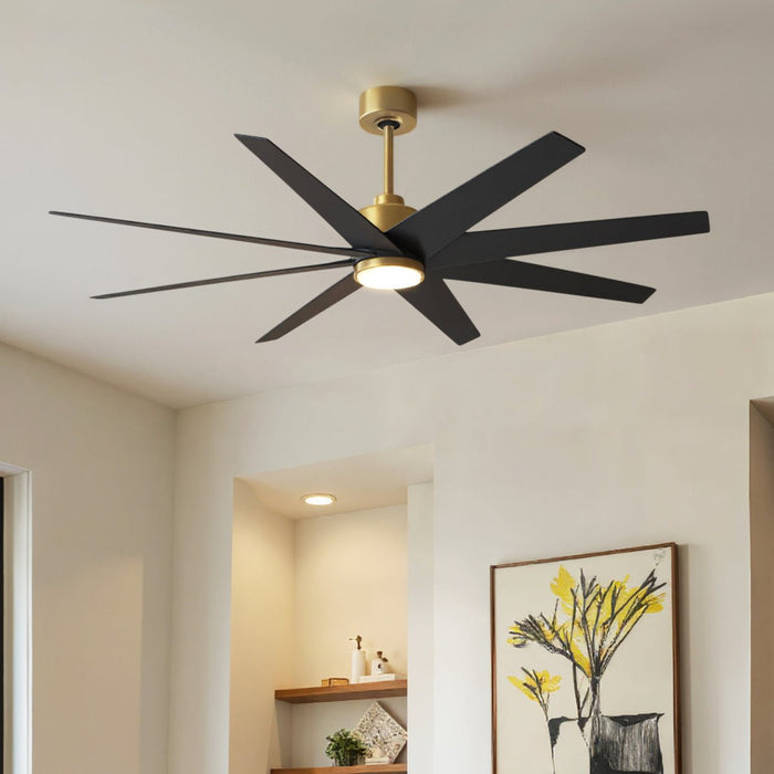 UMC9124 Modern Indoor/Outdoor Ceiling Fan, 9" (Plus Downrod) H x 64" W x 64" D, Brushed Brass Finish, Brivelle Collection