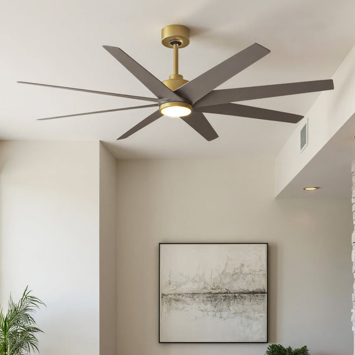 UMC9125 Industrial Indoor/Outdoor Ceiling Fan, 9" (Plus Downrod) H x 64" W x 64" D, Brushed Brass Finish, Brivelle Collection