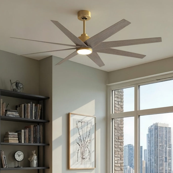 UMC9126 Modern Indoor/Outdoor Ceiling Fan, 9" (Plus Downrod) H x 64" W x 64" D, Brushed Brass Finish, Brivelle Collection