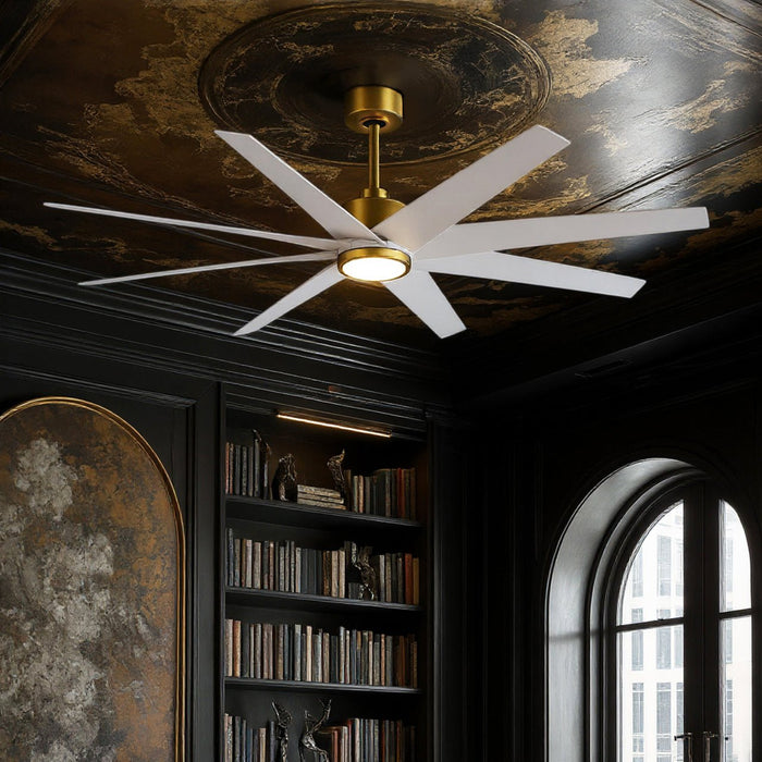 UMC9127 Industrial Indoor/Outdoor Ceiling Fan, 9" (Plus Downrod) H x 64" W x 64" D, Brushed Brass Finish, Brivelle Collection