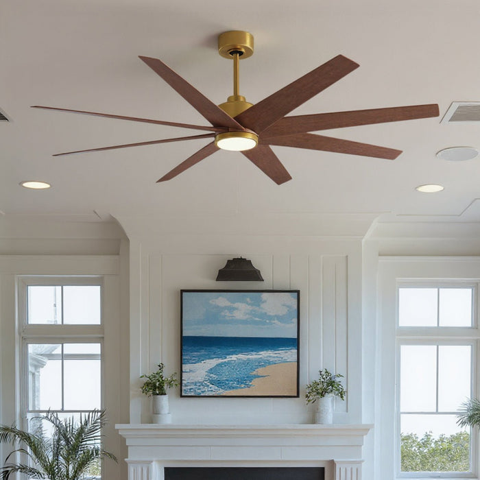 UMC9128 Modern Indoor/Outdoor Ceiling Fan, 9" (Plus Downrod) H x 64" W x 64" D, Brushed Brass Finish, Brivelle Collection