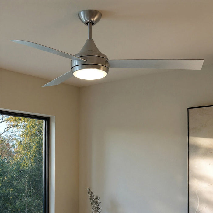 UMC9177 Minimalist Indoor/Outdoor Ceiling Fan, 9" (Plus Downrod) H x 52" W x 52" D, Brushed Stainless Finish, Asquell Collection