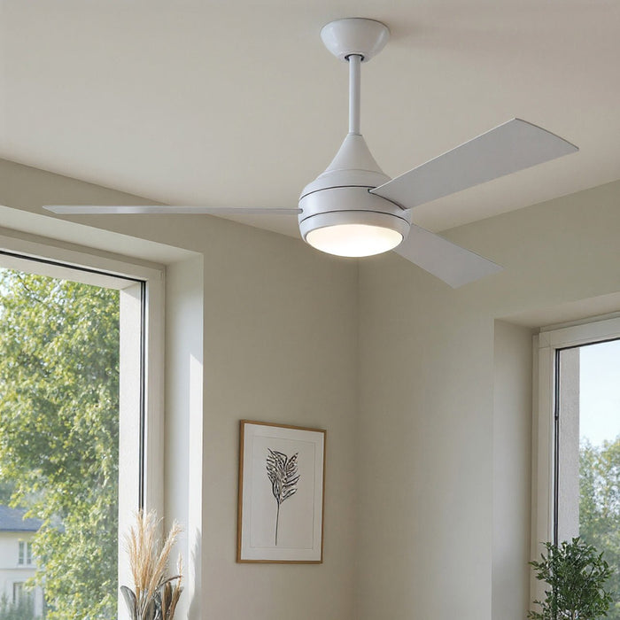 UMC9178 Modern Indoor/Outdoor Ceiling Fan, 9" (Plus Downrod) H x 52" W x 52" D, Gloss White Finish, Asquell Collection