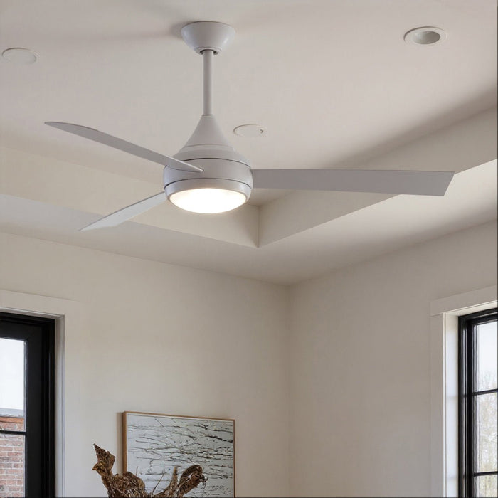 UMC9179 Minimalist Indoor/Outdoor Ceiling Fan, 9" (Plus Downrod) H x 52" W x 52" D, Gloss White Finish, Asquell Collection