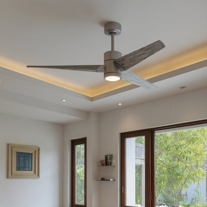 UMC9485 Modern Farmhouse Indoor/Outdoor Ceiling Fan, 12" (Plus Downrod) H x 60" W x 60" D, Brushed Nickel Finish, Glimmereach Collection