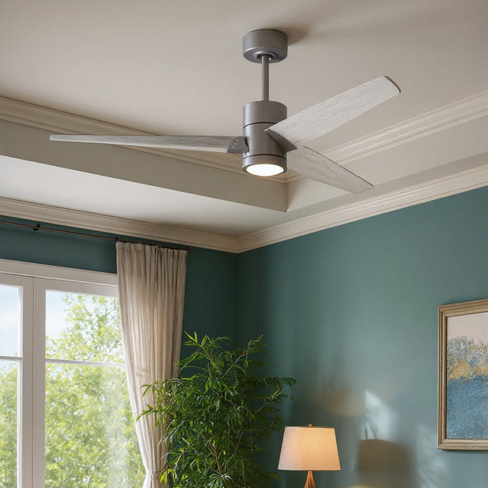 UMC9486 Minimalist Indoor/Outdoor Ceiling Fan, 12" (Plus Downrod) H x 60" W x 60" D, Brushed Nickel Finish, Glimmereach Collection