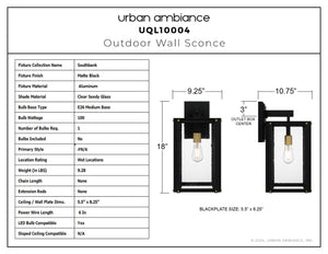 Urban Ambiance - Wall Sconce - UQL10004 Mid Century Modern Outdoor Wall Sconce, 18''H x 9.25''W x 10.75''D, Matte Black Finish, Southbank Collection - 
