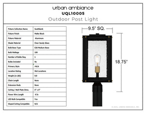 Urban Ambiance - Post Light - UQL10005 Mid Century Modern Outdoor Post Light, 18.75''H x 9.5''W x 9.5''D, Matte Black Finish, Southbank Collection - 